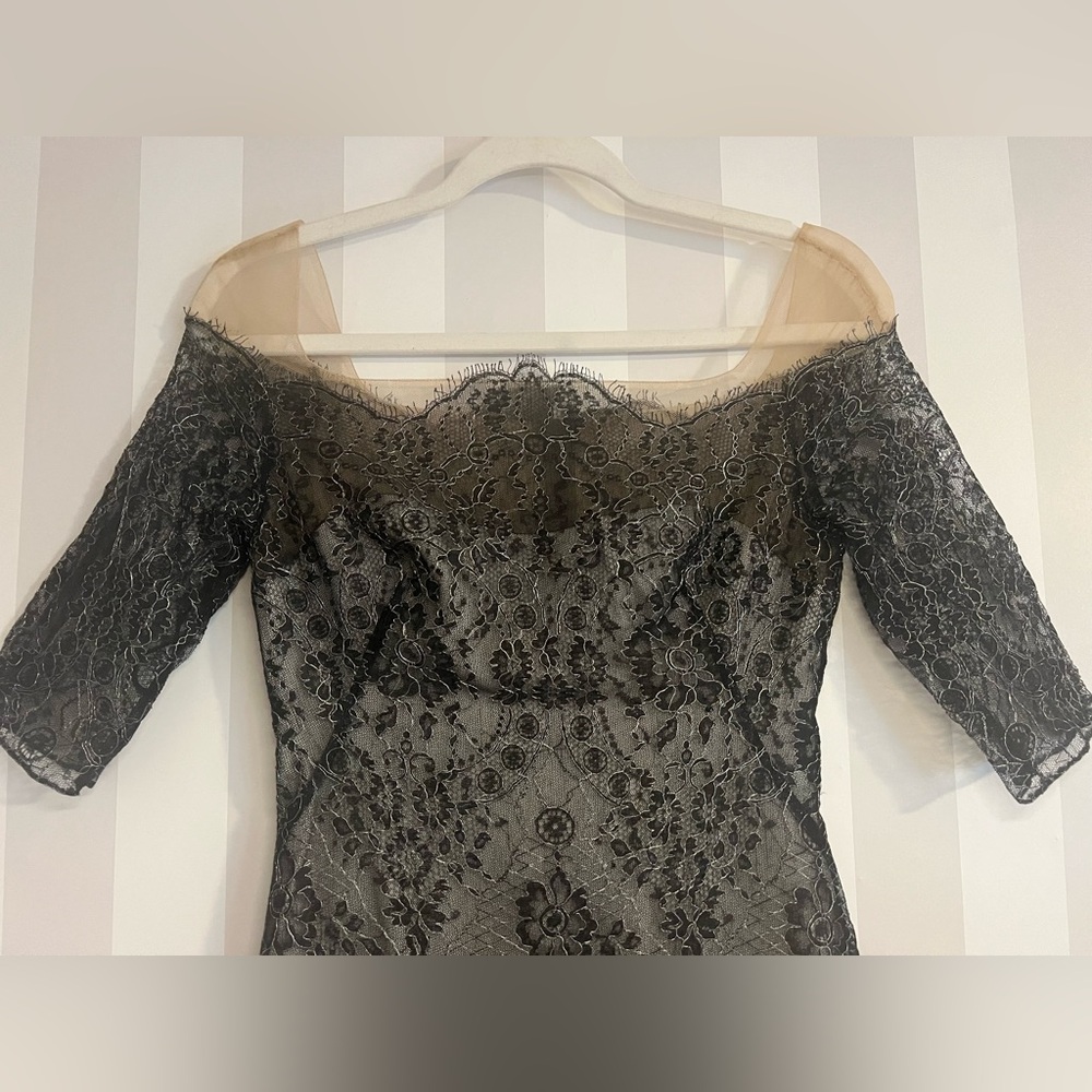 Marchesa Black Lace Off-Shoulder Cocktail Dress with Nude Illusion